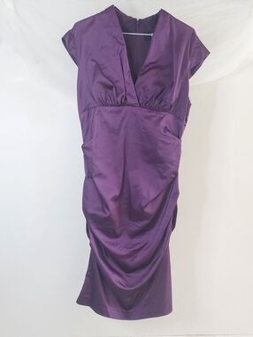BA Nites Purple Satin Ruched V-Neck Midi Cocktail Dress - Size 16